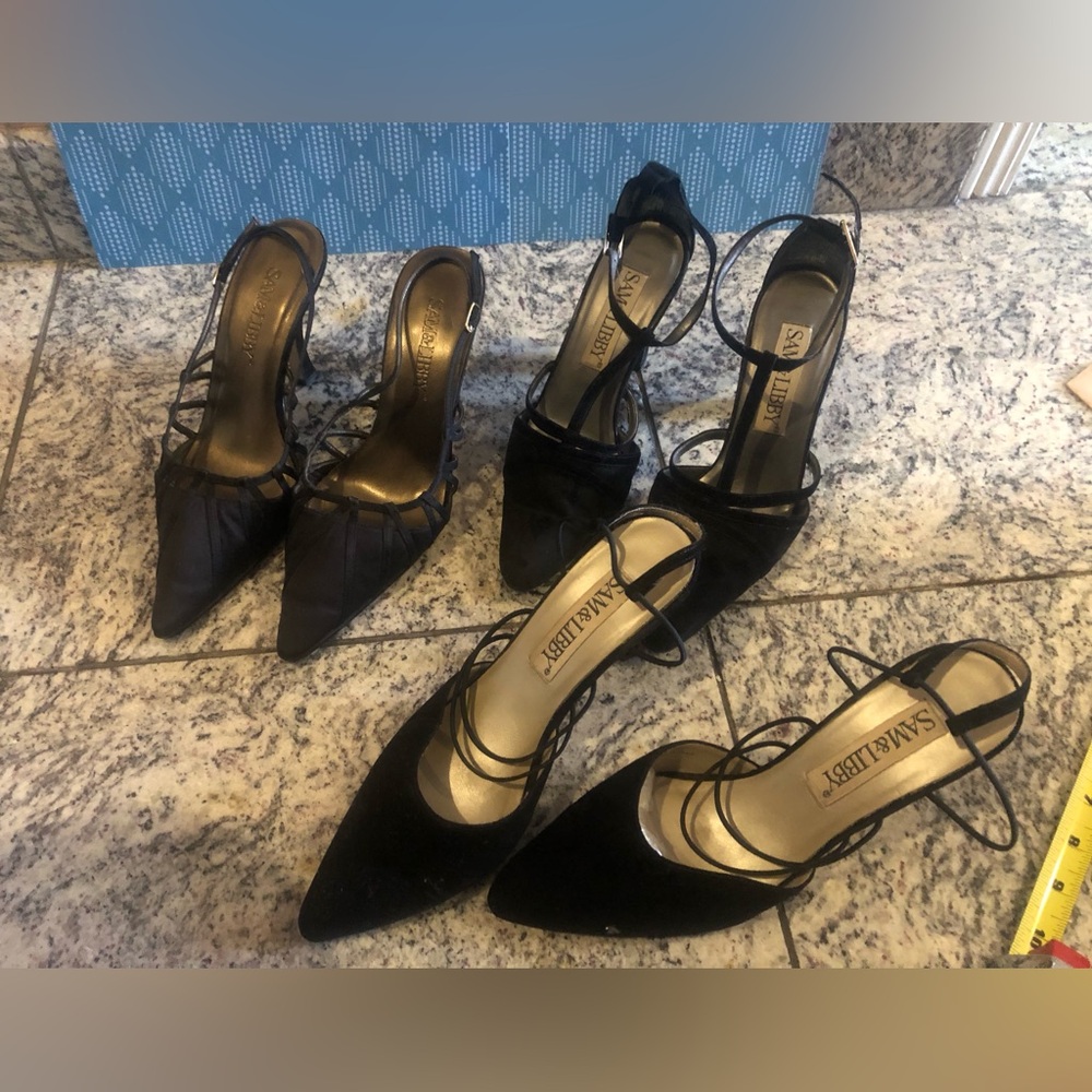 3 pairs black Sam and Libby shoes. 2 sling backs 1 with ankle straps